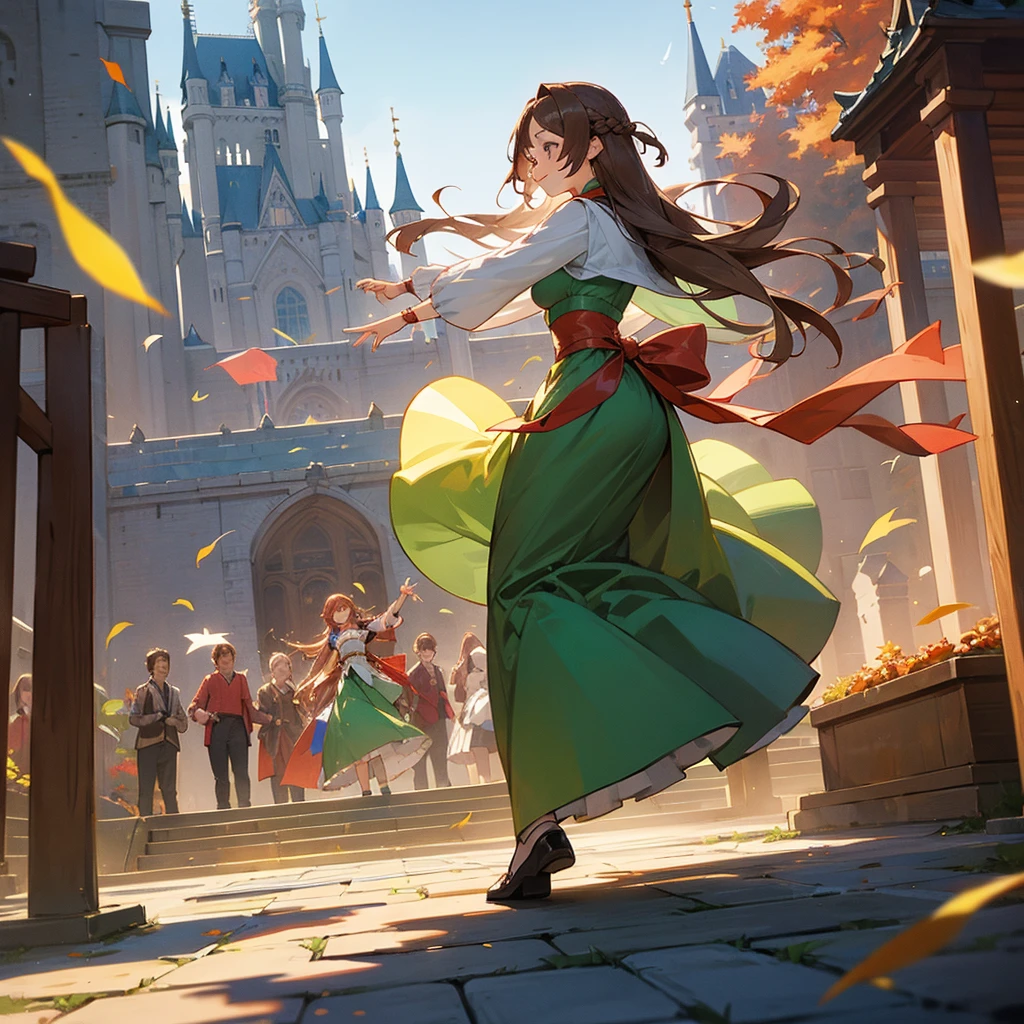 Woman dancing in front of a castle、opening、Viridian long skirt、Long Hair、Departure、Festivals、fanfare、brick、autumn、Bronze Hair