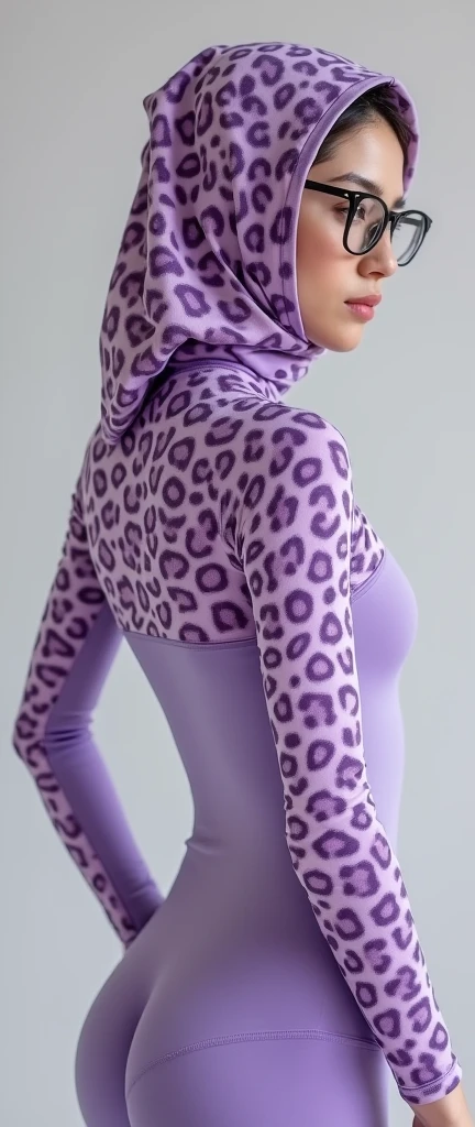 The beautiful and thinest chinese adult woman with glasses light purple and purple leopard print lycra elasticity turtleneck unitard catsuit.She always wear dancewear hijab-like zentai costume hood made of lycra elasticity.She is my contortionist.




