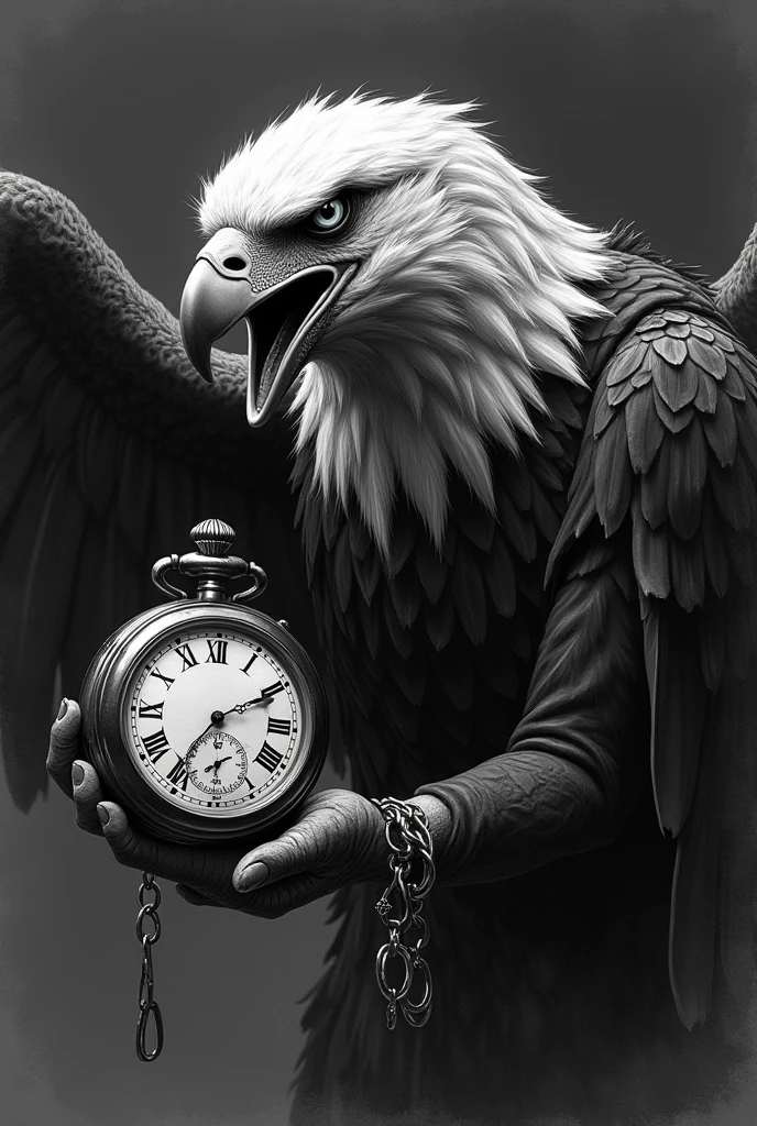 Black and white drawing of an evil eagle with an antique watch that fits on an arm with wings