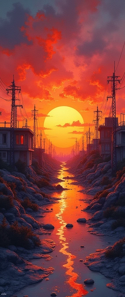 post-apocalyptic sunset at the end of the world of the new dawn aquarelle drawing