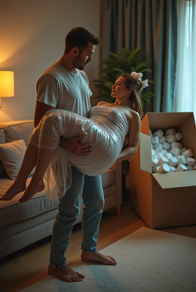 in a living room, A man in casual jeans is standing on the ground, Carrying and lifting in his arms a beautiful young adult blonde European woman sleeping in lingerie, Her body is wrapped in plastic and she has a gift bow on her head., The woman's body is stretched out and is on the ground, Full body view, On one side there is an open cardboard box with polystyrene, Excellent lighting, hyperrealistic quality image, high resolution