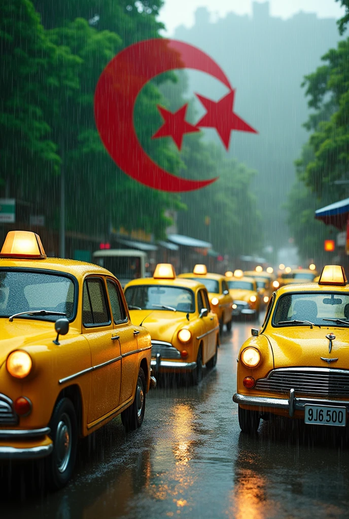 Là tous les heureuse en Algérie les taxis jaunes sous la pluie que c'est beau l'Algérie drapeau algérien vert rouge croissant de lune et étoile rouge sans des paysages magnifiques