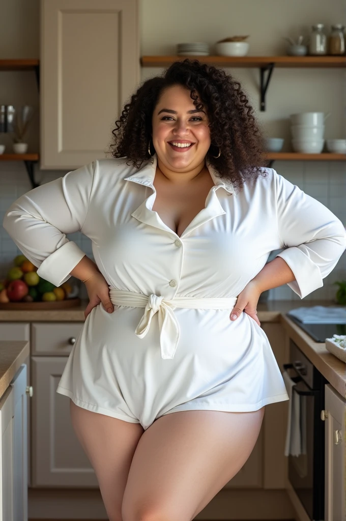 Photo by Ana de Arendelle, happy, camel toe, huge breasts, bursting huge breasts, Wide hips, busty, high, kitchen linen, kitchen shorts, chef clothes, White clothes, from below, legs slightly apart