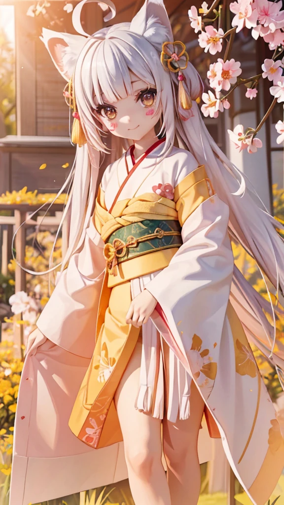 2D animation style,FOX 1girl,fox ears,tsurime,glowing yellow eyes,(from below,full body,head tilt:1.1),(motion lines,tail wagging,Lots of fox tails:1.1),(kimono[white:0.6|Red line:0.8|Yellow butterfly pattern:0.8]),(hold folding Japanese hand fan in front of your face),(Happy,smirk,nose blush:1.1),(sitting sideways:1.1),(White hair,blunt bangs,very long hair,straight hair,extra long sideburns,ahoge:1.2),straw-matted room,shoji,sunlight,cherry tree,flurry of falling cherry blossoms,Japanese rice wine
BREAK
Oiran makeup,pink beige lip,pink eyeshadow,false eyelashes,blush_sticker,(tattoo on face)
BREAK
masterpiece, best quality, detailed, Beautiful eyes,hyper detailed,ultra-detailed face