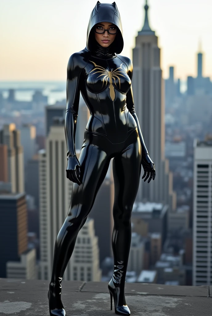 Spider-Woman wearing a black latex catsuit, black stiletto high heels, latex hood mascara negra , posing on the roof of a building in new york. ultra detailed, 4K quality, HD, small waist, big hips, precise details, pose on the roof. Latex hood Mask.
