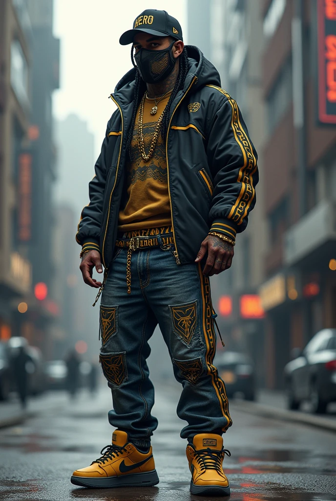 ### 1. **Male Skin**
- **head**: Cap with the inscription "THE HERO", braided hair - **muka**: Mask with geometric patterns or facial tattoos - **cos**: Hooded jacket with side stripes printed with geometric patterns. gold chains, bracelets and additional accessories.
- **pants**: Jeans with a belt including gold details.
- **shoes**: Urban style sneakers with gold details.