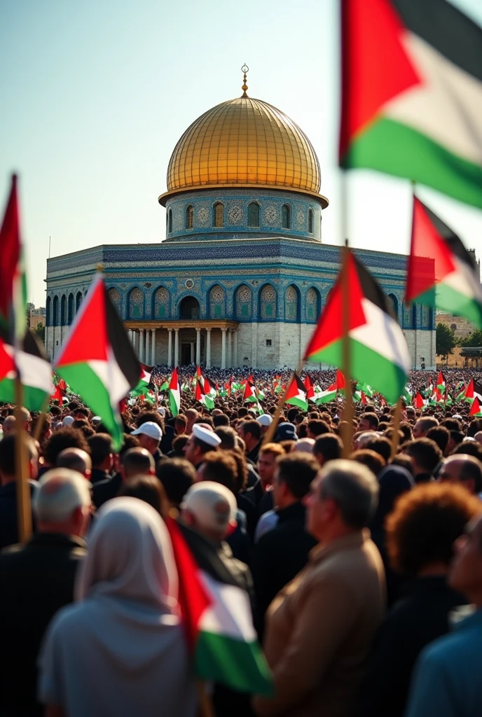 Thousands ofPalestine people are in aqsa mosque with palastine flag 