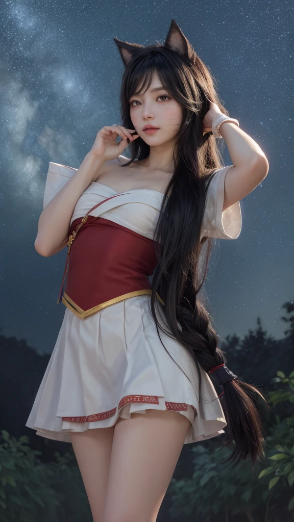 (Masterpiece, best quality: 1.3)
Ahri, 1girl, solo, long hair, standing at an angle, hanbok, skirt, white knee socks, shoes, starry sky, night, bare shoulders, looking at the audience,IncrsAhri, braid
