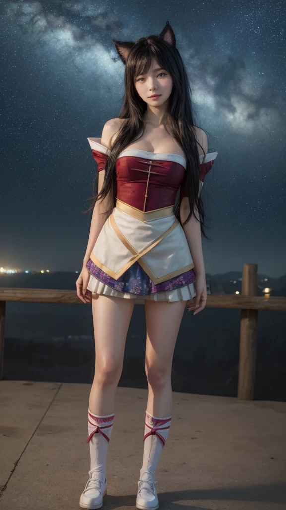 (Masterpiece, best quality: 1.3)
Ahri, 1girl, solo, long hair, standing at an angle, hanbok, skirt, white knee socks, shoes, starry sky, night, bare shoulders, looking at the audience，IncrsAhri, braid