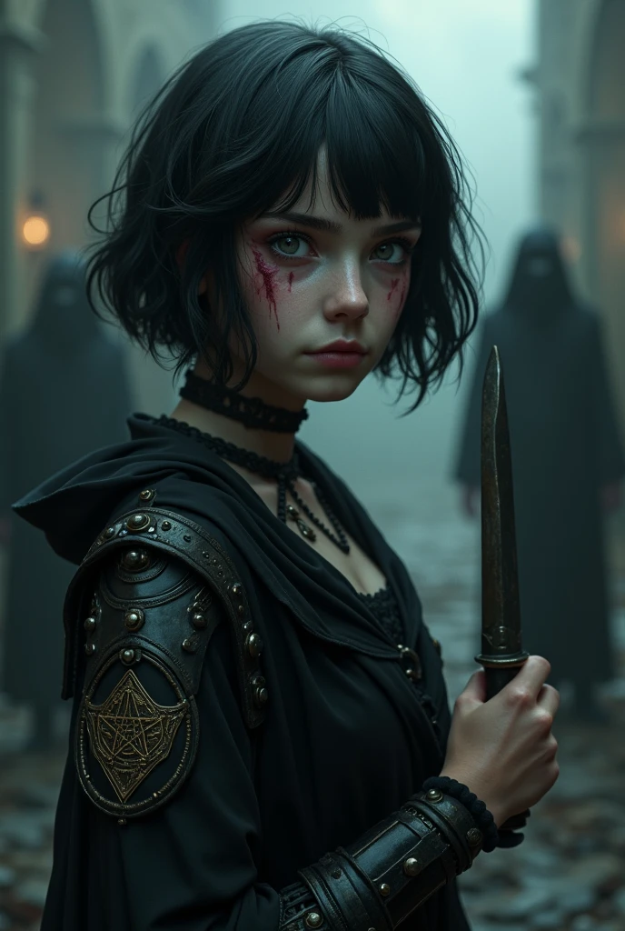 A pale girl with short black hair, from the middle ages 3D, realisitic, arcane style, with light eyes dark alchemist clothes with a prosthesis on the left arm steampunk with pentagram, cut on the face, with a look of suffering and hate, dagger, the night, with a religious group behind.