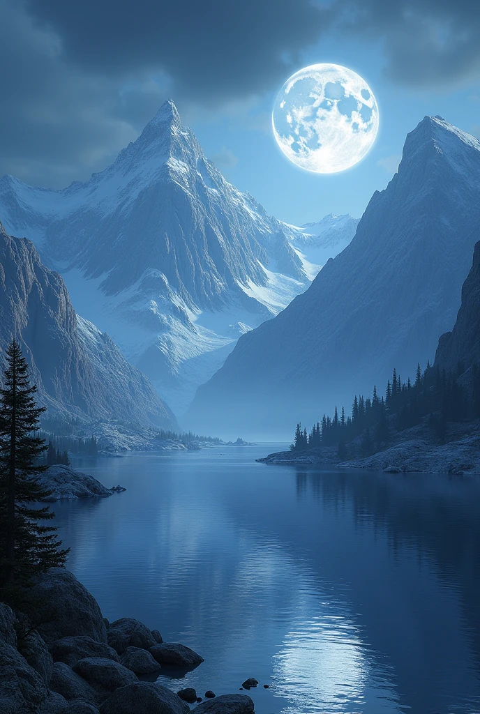 mountains and a lake with a moon in the sky, Highly detailed 4k digital art, highly detailed 4K HD wallpaper, stunning fantasy landscape, Sci-fi fantasy wallpaper., Unreal engine 4k wallpaper, Detailed 4K digital art, sci-fi fantasy wallpaper, epic dreamlike fantasy landscape, pintura digital mate 4K HD, Stunning 8K artwork