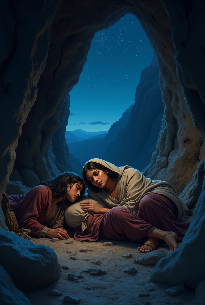 Realistic image of Ruth and Naomi from the Bible sleeping in a cave at night