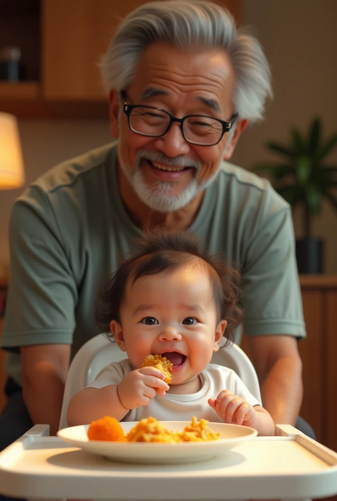 an indonesian  celebrating her 6 monttting in a baby chair receiving her first solid meal. the baby is quite haiook happy and delightful.  A 50 year old grand father, with no wrinkles look very happy standing behind. Photo realistic UHD image