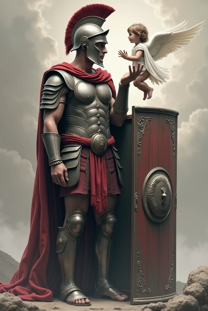 Create a drawing in honor of my father and daughter who died. I need a drawing where it's a Spartan warrior facing away. with a shield in his hand and the other hand holding a flying child angel