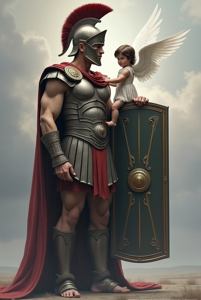 Create a drawing in honor of my father and daughter who died. I need a drawing where it&#39;s a Spartan warrior facing away. with a shield in his hand and the other hand holding a flying  angel