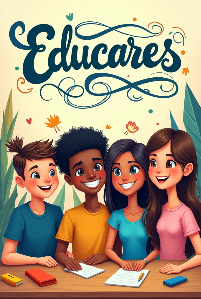 image of a cartoon work team and above it says Educares in beautiful calligraphy