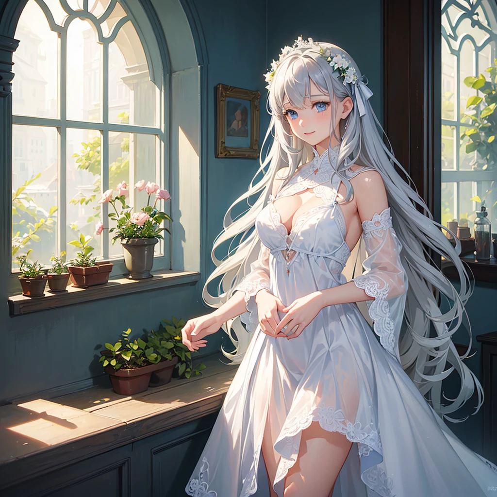 (masterpiece:1.2, 16k, best quality, vibrant colors:1.2, ultra-detaile:1.2, photorealistic:1.37),soft light, 1girl with beautiful delicate, beautiful delicate (eyes, lips),[from outside window]++,[rest one's cheeks in one's hands]++,looking outside of opened window,looking up,(a girl opens a window and puts her body out of the window to look outside),morning,sunny,smiling,[[window view from outside the house]]+,[from outside window]++,[depicted a girl through the frame],[upper body of 1lady standing indoors]+,[looking at the viewer through the frame]+,1girl,solo,long hair,long bright wavy hair,dress,gray hair,blue eyes,white dress,lace dress,intricate dress,flower,short sleeves,indoors,window,leaf,sunlight,plant,pink flower,bookshelf,open window,from outside,looking outside,on window,lace curtain, gray hair, blue eyes, long hair, long bright wavy hair, large breasts, detailed patterns,
iridescent,delicate,gorgeous,ethereal,dreamlike scene,airy atmosphere,artistic interpretation,soft and feathery texture,light and airy composition,mesmerizing beauty,smooth and flowing lines,whimsical and magical elements,gentle and graceful movement, 