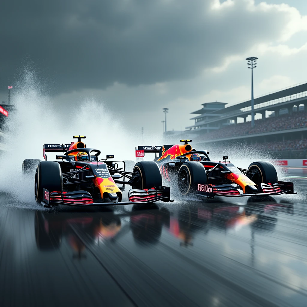 create a picture of checo perez and max versttapen's formula one car racing on the track on a rainy day
