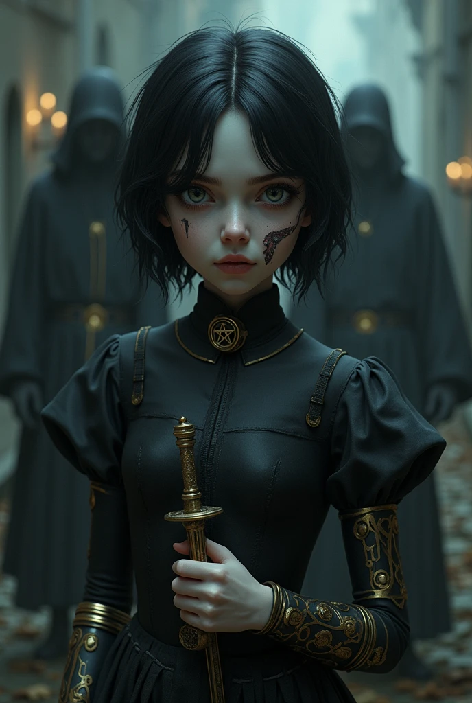 A pale girl with short black hair, from the middle ages 3D, realisitic, arcane style, with light eyes dark alchemist clothes with a prosthesis on the left arm steampunk with pentagram, cut on the face, with a look of suffering and hate, dagger, the night, with a religious group behind.