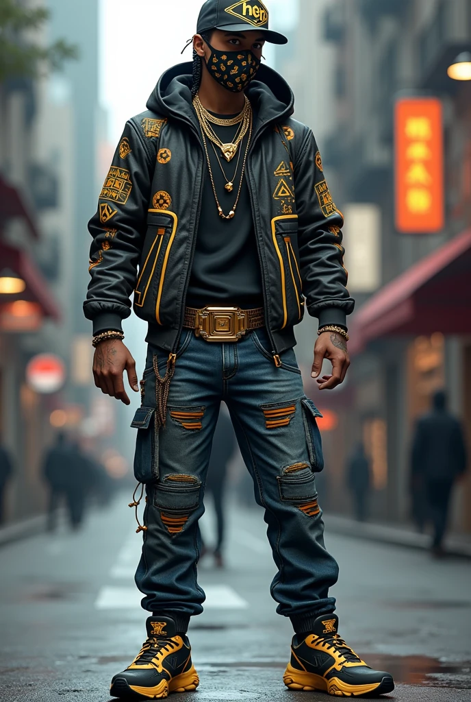 ### 1. **Male Skin**
- **head**: Cap with the inscription "THE HERO", braided hair - **muka**: Mask with geometric patterns or facial tattoos - **cos**: Hooded jacket with side stripes printed with geometric patterns. gold chains, bracelets and additional accessories.
- **pants**: Jeans with a belt including gold details.
- **shoes**: Urban style sneakers with gold details.