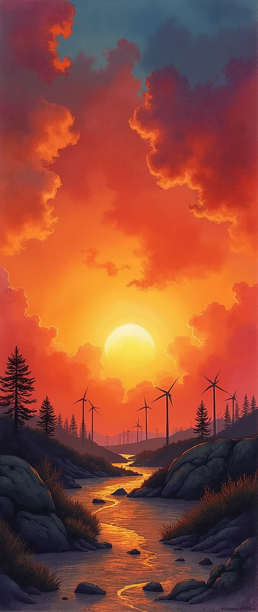 post-apocalyptic sunset at the end of the world of the new dawn aquarelle drawing