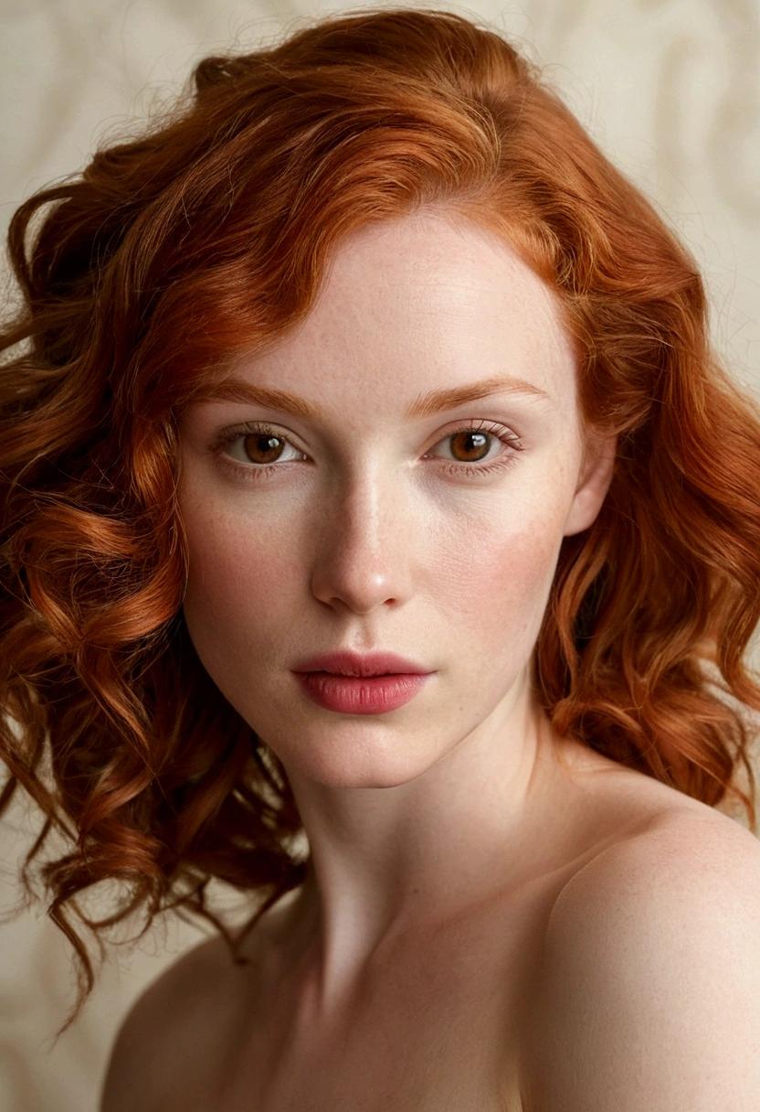 

"Generate a series of high-quality images featuring a woman with fair skin, wavy red hair falling over the shoulders, and delicate, symmetrical facial features. She has expressive brown eyes and well-defined lips.. The setting should be an intimate and cozy environment, like a living room with soft lighting. The woman must be portrayed nude in various sensual poses, emphasizing your natural beauty and elegance. Images must maintain a tasteful and artistic aesthetic., without exposing the face."
