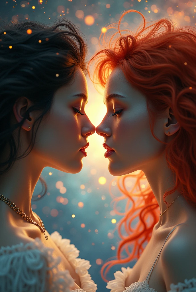 two women, one redhead and one with dark brown hair, slightly wavy hair, (work of art,Distinctive Quality,mirror-like,Cinematic experience,insanely detaileda,absurderes),8k,wall-paper,(ray tracing),Physically based rendering,ultra-fine painting,Narrow your focus,BreakingR(1 female),(corpo astral:2.0),(beautiful  face),(gorgeous eyes),(perfects eyes:1.6),(shining skin:1.2),Breaking,(breasts big),(Sexy thighs),(functional),(voluptuous),(正面:2.0),(all-body:2.0),(Look up at me),(detailed hands:2.0),(beautiful female hands:2.0),(goddess portrait,Cosmic aura,universe space,iridescent particles,Light Diffuse Reflection),(彼女はゆったりuniverse spaceに浮いている:2.0) olhando para 正面,  one on each side European men，3，tall face，Handsome guy with chubby pectoral muscles，eyes large，Sexy and charming expression，gloomy shiny eye membrane、well built、put your eyes、(and blue eyes)，gays gays、seminu、brush cut！Nod and pull your head five times！！outdoor sports board！(高the detail8k)darkskin！lift your eyes！Open your eyes！ ((realistically)), Sexy white silk fabric！Raised sexy！[Dress with flowing white silk fabric worn by sensual Romans！The cathedral has stained glass windows]! !!!dermis, [ 短发the detail, Shaved on both lados, silver white ]!! ultra detali, Best quality at best, Strong light lighting, sharp focus, theater audience, The ascending lens is closer to the body, (( Lean Body Fat 15%，短发the detail！ shave the lados short, silver serum health, Meu peito é velues, body hair, , 露出velues的腋窝, velues的腿, silver hair,)), Full body lesbian, musculargigachad, super strong and cool, 40 year old, velues, a screenshot of Adam Dario Keel, reddit, Photographic realism, , biggest chest, upperbody, cuddly, muscle tissue, attractive man, velues的身体, gigachad, hideo minaba, Chad beautiful charming man, three friends