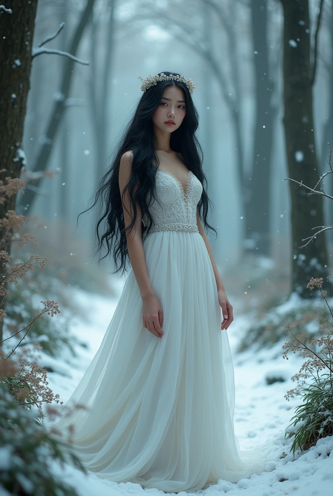 hyper-realistic, wide view, enchanting image of a beautiful young woman with long, flowing black hair, wearing an elegant, white snow dress. She stand gracefully in a mystical forest, surrounded by a snow, serene atmosphere. Trees around. The forest is filled with lush greenery, snow, and soft, ethereal light filtering through the trees. The woman's stand gentle expression.”