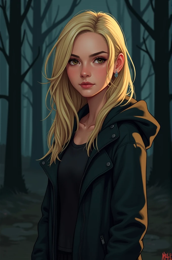 Style: 2D Comic
Gender: Female
Age: r
HAIR DESCRIPTION: Long, messy blonde with bangs to the right side 
SKIN TONE: Light
EYE FEATURES: Light brown
Clothing: Black jacket
Setting: Forest at night
Posture: Looking at the camera (from waist to head)
Expression: Neutral
Setting: The Hunger Games