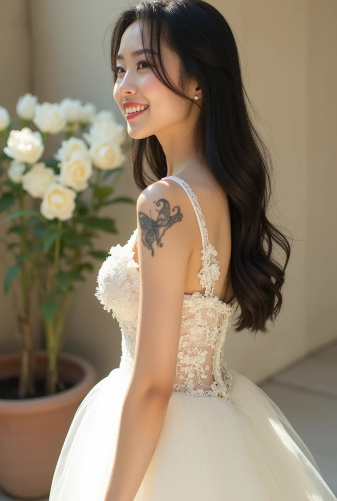 Chinese girl, white skin, shaggy breasts, big breast, happy face, thick body, sexy body, curvy waist, sunny morning, milky white skin, a butterfly tattoo on the shoulder back, a big flower tattoo on the thigh, there is a  tatoo says "Thasya" on the lower arm, sexy transparent bride gown, jumping high, in the church, nakeness, full body, beautiful nail arts, showing her white tighs, black hair, straight hair, sexy toe, camera from bottom, full body from toe to head, full body, see-through black public hair, thick pubic hair 