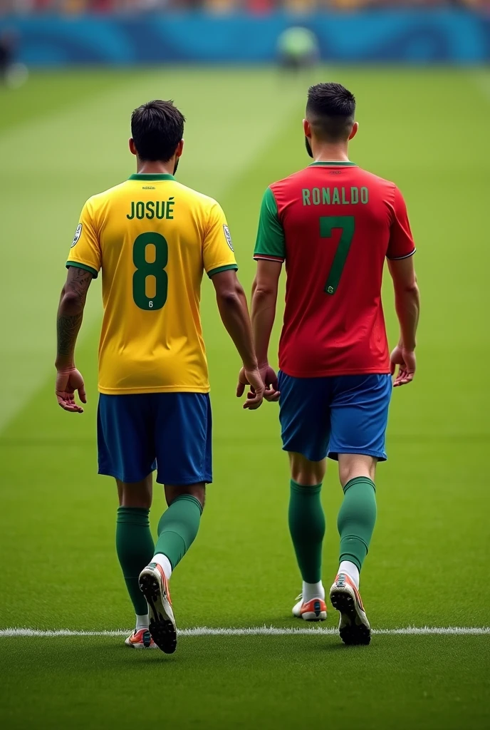 an adult with the Brazilian team shirt with the name "Josué" number 8, with his back walking across the field and Cristiano Ronaldo with his back also walking next to him (cristiano Ronaldo outfit: Portugal team shirt with the name "cristiano Ronaldo " number 7) (Josué height: 1.74, Cristiano Ronaldo height: 1.87)