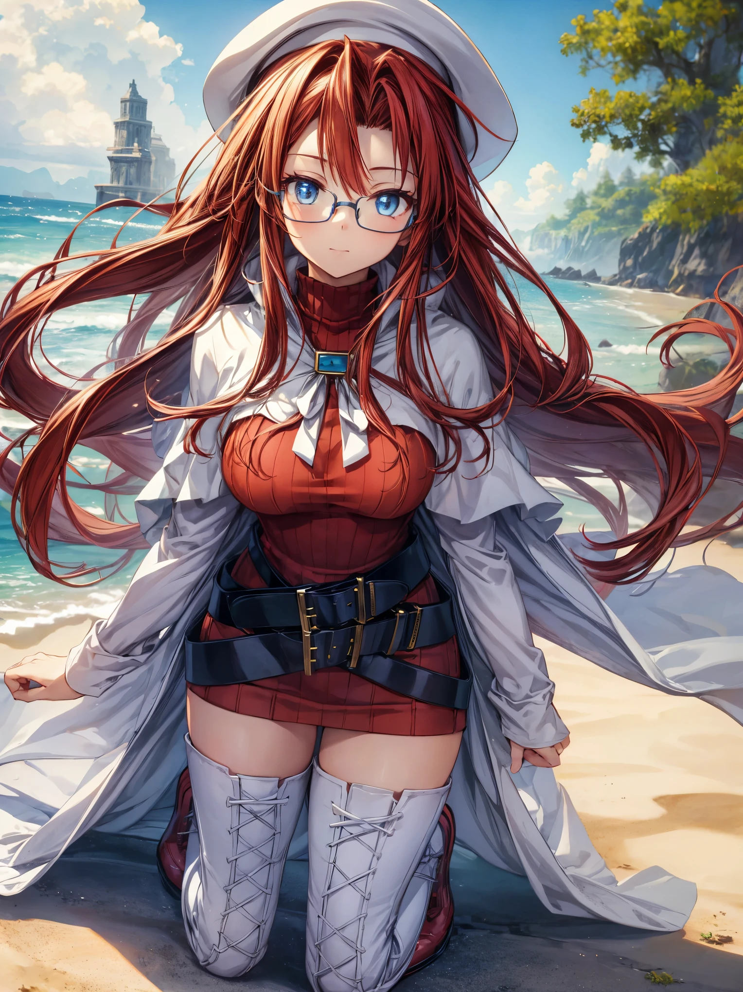 summonnightaty, aty, (young:1.3),long hair, blue eyes, red hair, big_tits, hat, glasses,
BREAK long hair, thighhighs, hat, dress, naked_legs, glasses, belt, cape, sweater, zettai ryouiki, beret, thigh boots, white footwear, ribbed sweater, loose belt,solo,
BREAK outdoors, fantasy,on_beach,
,Highquality_hads,perfect_fingers,
BREAK (masterpiece:1.2), best quality, high resolution, unity 8k wallpaper, (illustration:0.8), (beautiful detailed eyes:1.6), extremely detailed face, perfect lighting, extremely detailed CG, (perfect hands, perfect anatomy),covered_nipples,covered_navel ,half_eyes,long_sword,sleepy_eyes,red_sweater,apart_knees,spread_legs, book,have_a_book,teacher,rise_knee,Smile,rise_hand,open_arms,beach_landscape,,plump,open_mouth, dynamic_posing,solokneeling, slouch,