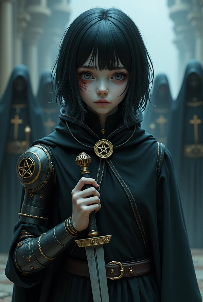 A pale girl with short black hair, From the Middle Ages, realisitic, arcane style, with light eyes dark alchemist clothes with left robotic arm steampunk with pentagram, cut on the face, with a look of suffering and hate, dagger, the night, with a religious group behind.