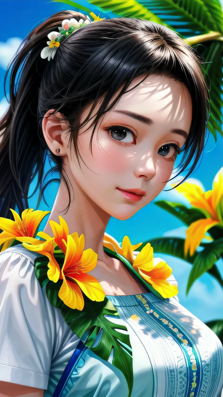 Ultra-realistic scenes, Parallel world, God-like tropical exotic plants, cult, Tropical flowers, Unusual art, Unique art, Summer blue sky background, sunlight, bright sunlight, Blender, Product Rendering, High quality 8K. 1girl, Cute 1 girl､White garter set､((Face close-up))､Face close-up､masterpiece, 最high quality, high quality, High resolution, super big breasts sexy､(Hairstyle_ponytail)