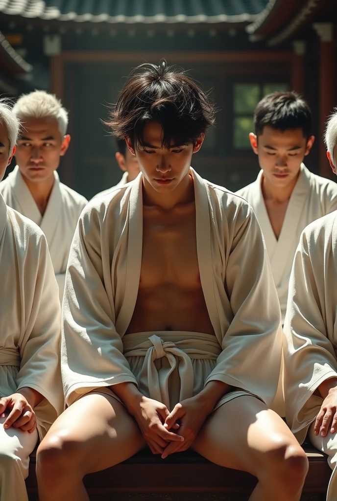 1boy、Photo Quality、Cute handsome man、Mash Hair、Japanese male, 、Completely naked、Full nudity、erection、Huge penis、Highest quality、Realistic、beautiful、Shrine Background、Surrounded by old men wearing white kimonos、Back view of a person sitting on a portable shrine