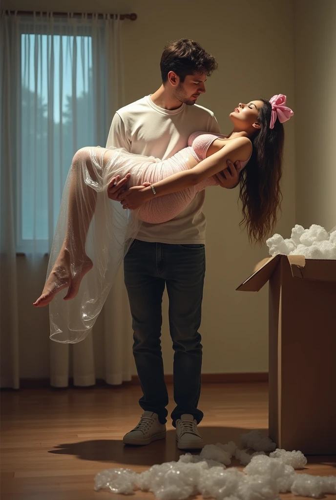 in a living room, A man in casual jeans is standing on the ground, Carrying and lifting in his arms a beautiful young adult blonde European woman sleeping in lingerie, Her body is wrapped in plastic and she has a gift bow on her head., The woman's body is stretched out and is on the ground, Full body view, On one side there is an open cardboard box with polystyrene, Excellent lighting, hyperrealistic quality image, high resolution