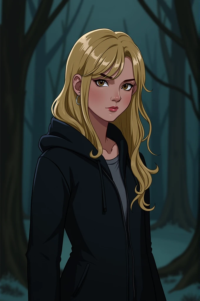 Style: 2D Comic
Gender: Female
Age: Teenager
HAIR DESCRIPTION: Long, messy blonde with bangs to the right side
SKIN TONE: Light
EYE FEATURES: Light brown
Clothing: Black jacket
Setting: Forest at night
Posture: Looking at the camera (from waist to head)
Expression: Neutral
Setting: The Hunger Games