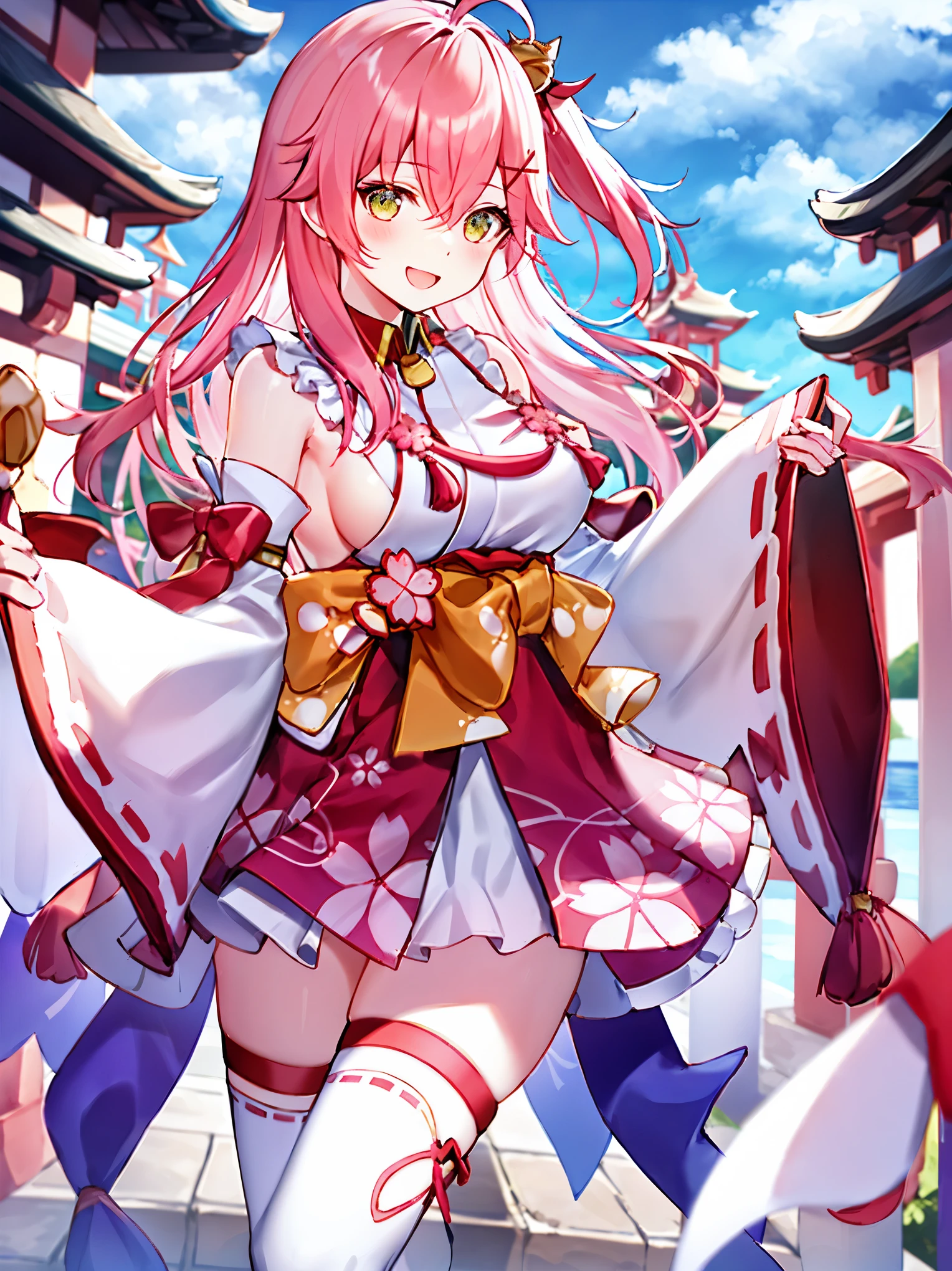masterpiece, best quality, highres, miko1, sakura_miko, 1girl, big_boobs, solo, ahoge, x_hair_ornament, pink_hair, floral print, hairclip,(side_less_clothes:1.5), (side_boobs:1.5), hair_bell, floral print, long_hair, hair between eyes, one side up, white thighhighs, asymmetrical legwear, wide sleeves, open_mouth,(happy:1.3),gleen_eyes,big_smile,),plump,apart_legs,(overly_long_sleeves:1.3),),sleeves_past_wrists,hands_hidden_sleeves,sidelock_clothes,solo,hidden_wrists,(XD:1.4),covered_nipples,sunlight,cherryblossom_temple_landscape_background,rise_arms