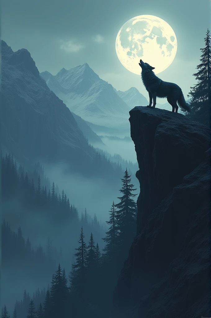 Image avec vue lointaine d'une falaise avec un loup hurlant à la pleine lune avec des forêts et des montagnes en fond