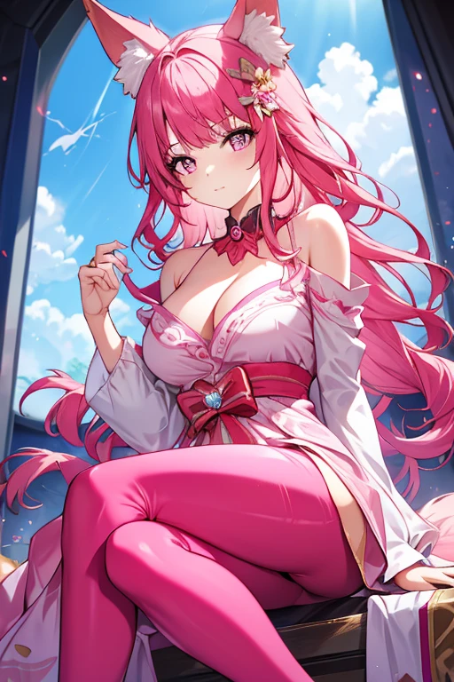 An adult woman with pink eyes, long bright pink hair with fox ears. Wears an elegant dress. She must be wearing a pink leggings. she comes from wonderland