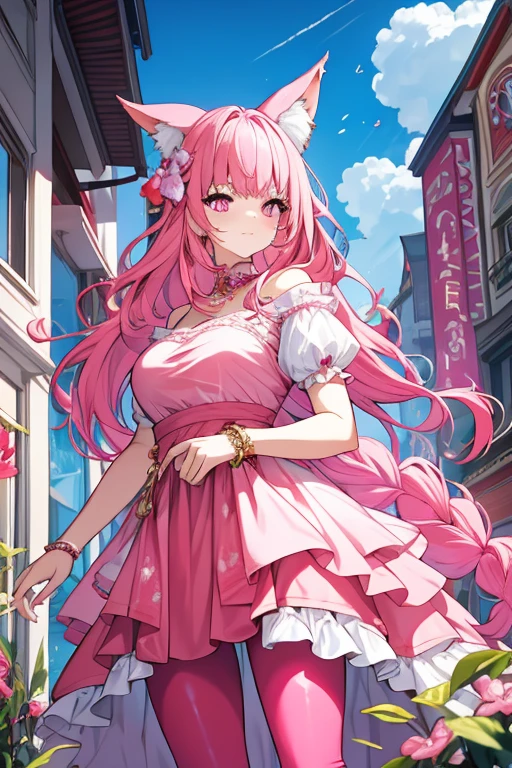An adult woman with pink eyes, long bright pink hair with fox ears. Wears an elegant dress. She must be wearing a pink leggings. she comes from wonderland