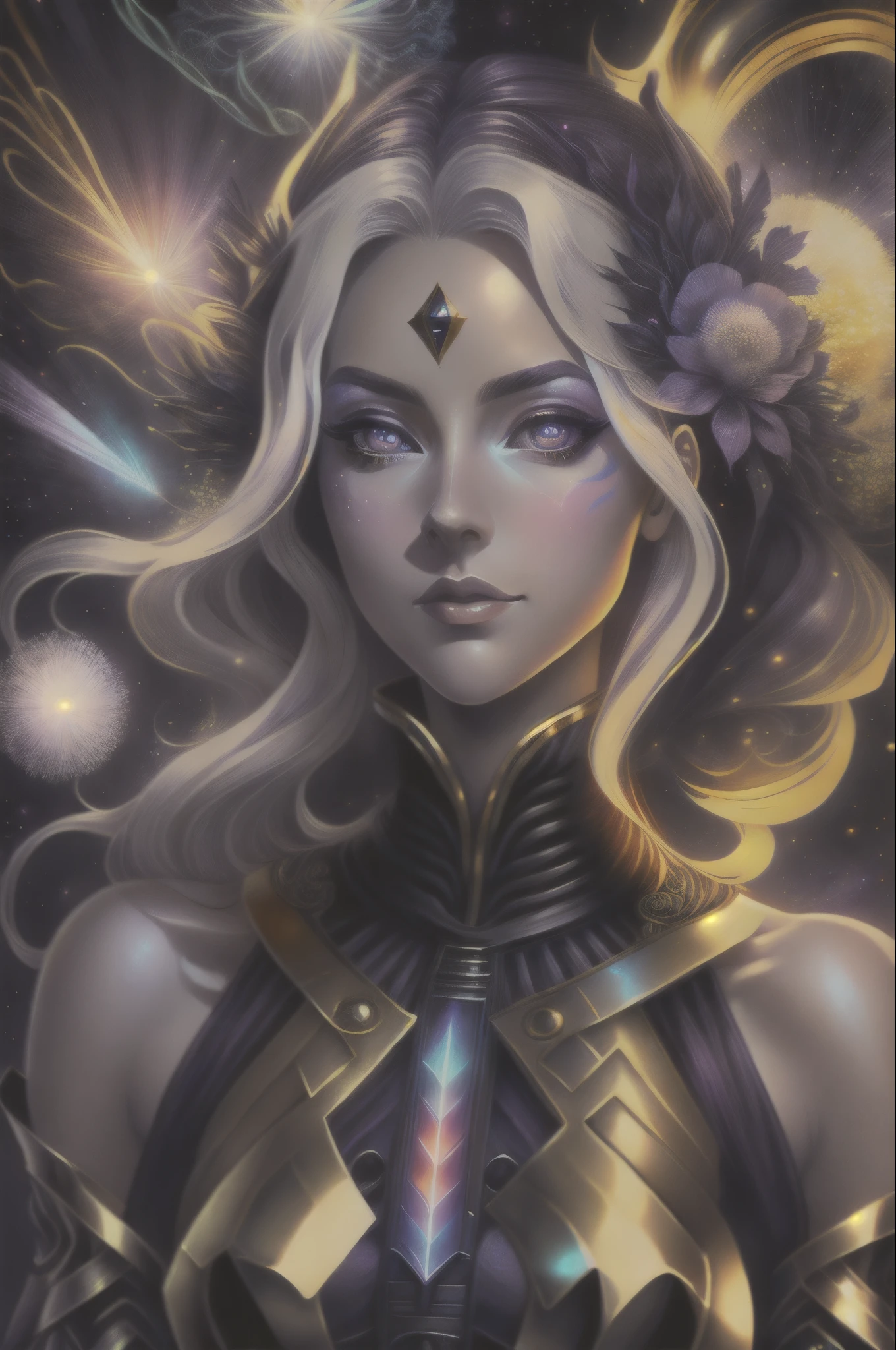 Extremamentesexy, appealing, daughter, phantom, refined , garota phantom, pele caucasiana, purples eyes, long white hair, Purple aura around you, several small and colorful fireworks around.
