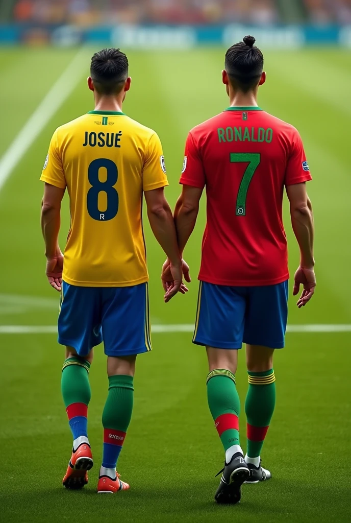 an adult with the Brazilian team shirt with the name "Josué" number 8, with his back walking across the field and Cristiano Ronaldo with his back also walking next to him (cristiano Ronaldo outfit: Portugal team shirt with the name "cristiano Ronaldo " number 7) (Josué height: 1.74, Cristiano Ronaldo height: 1.87)