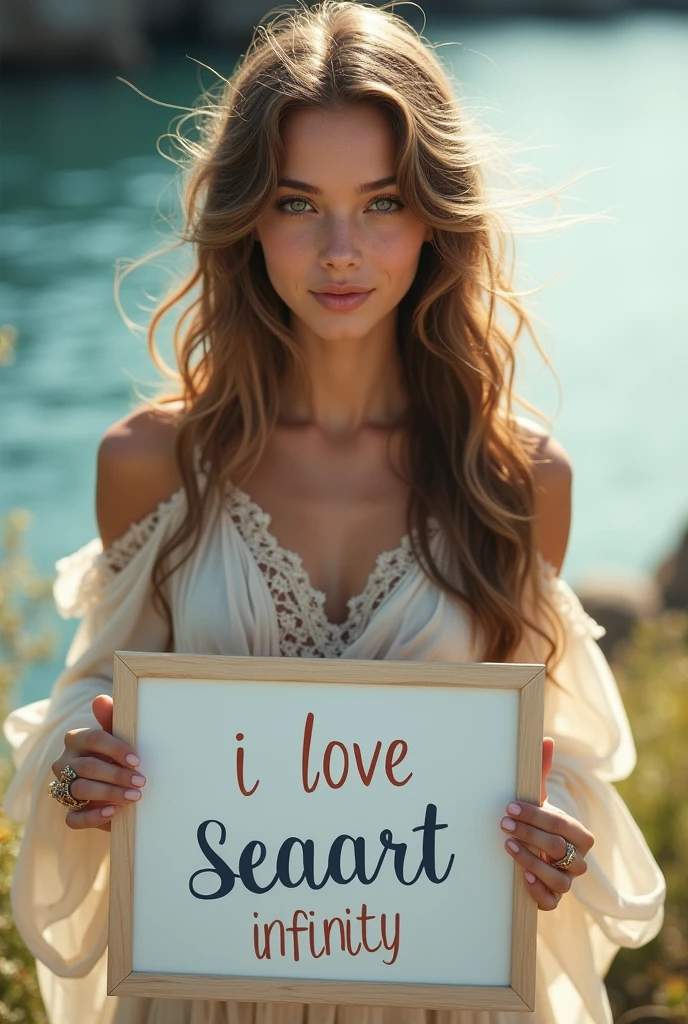 Beautiful girl with wavy long hair, bohemian dress, holding a white board with text "I Love Seaart Infinity" and showing it to the viewer