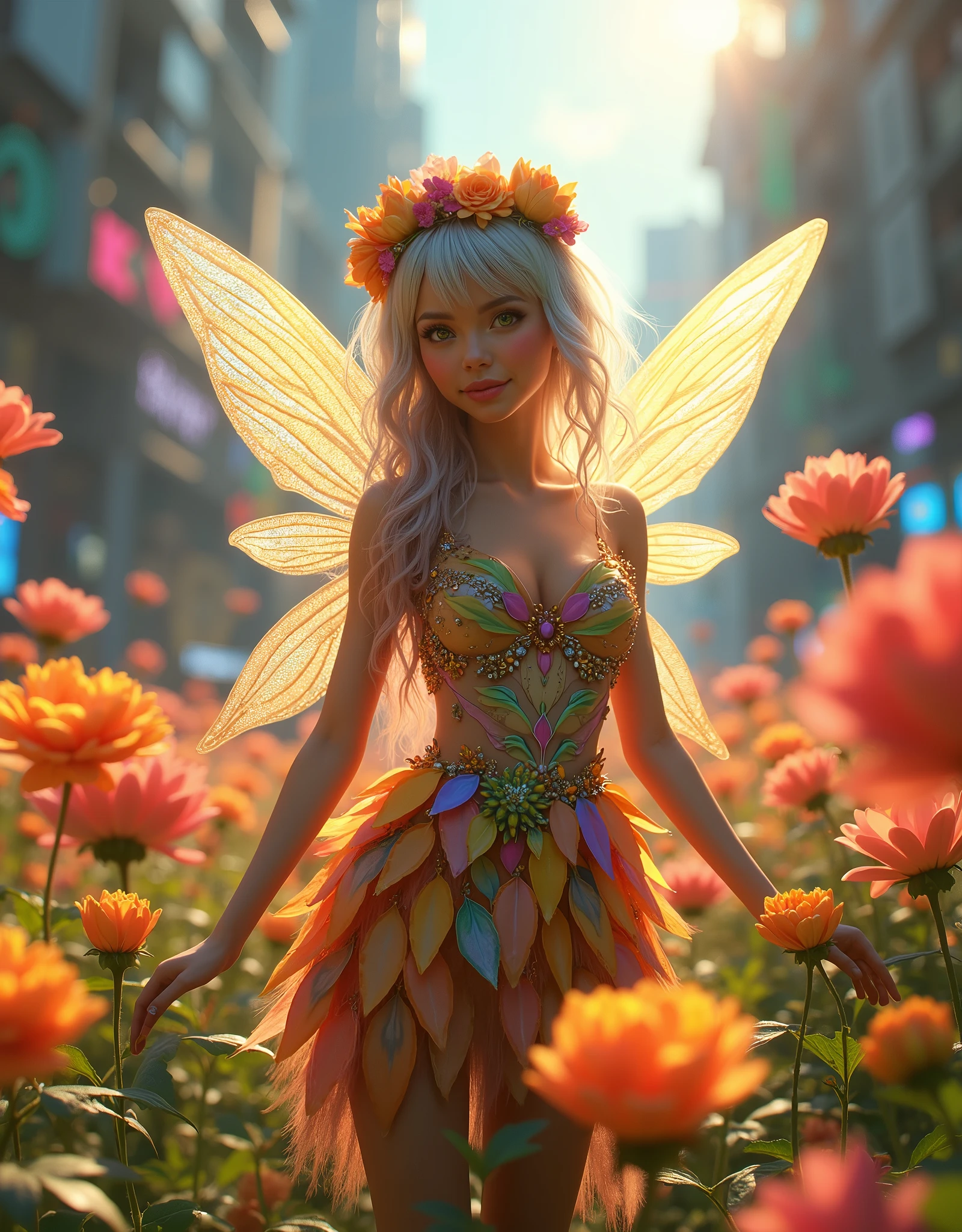 Neon city streets of cyberpunk, masterpiece,A beautiful fairy girl with rainbow hair and transparent rainbow wings, wearing a dress made of leaves and flowers, surrounded by flowers and leaves, standing in a field with sunshine and big flowers.
(best quality,4k,8k,highres,masterpiece:1.2),ultra-detailed,(realistic,photorealistic,photo-realistic:1.37),1girl,fairy,rainbow hair,transparent rainbow wings,flower crown,flower dress,flower leaves,flower field,sunshine,big flowers,extremely detailed eyes and face,longeyelashes,beautiful detailed eyes,beautiful detailed lips,intricate details,vivid colors,fantasy,whimsical,magical