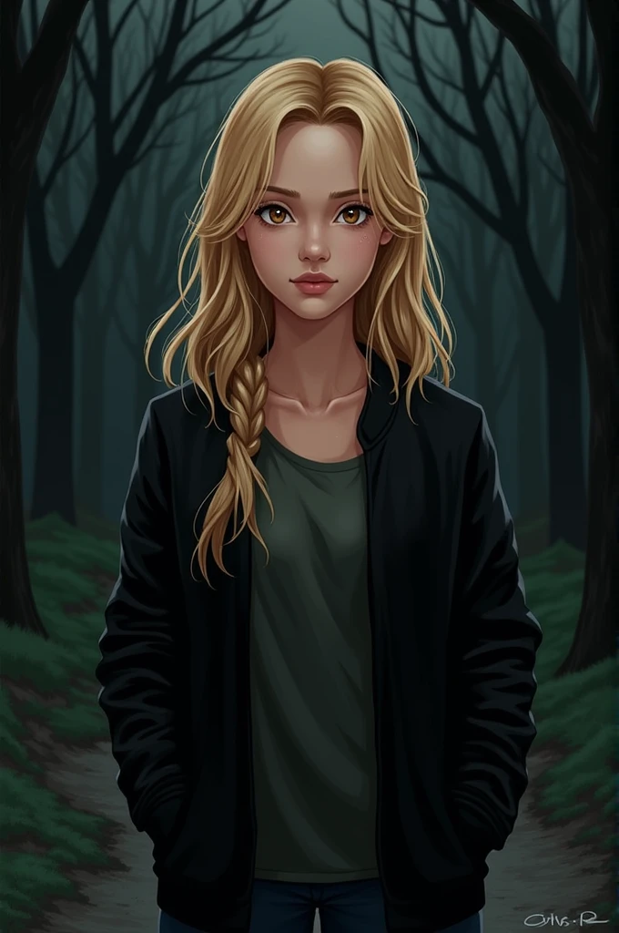 Style: 2D Comic
Gender: Female
Age: r
HAIR DESCRIPTION: Long, messy blonde with bangs to the right side
SKIN TONE: Light
EYE FEATURES: Light brown
Clothing: Black jacket
Setting: Forest at night
Posture: Looking at the camera (from waist to head)
Expression: Neutral
Setting: The Hunger Games