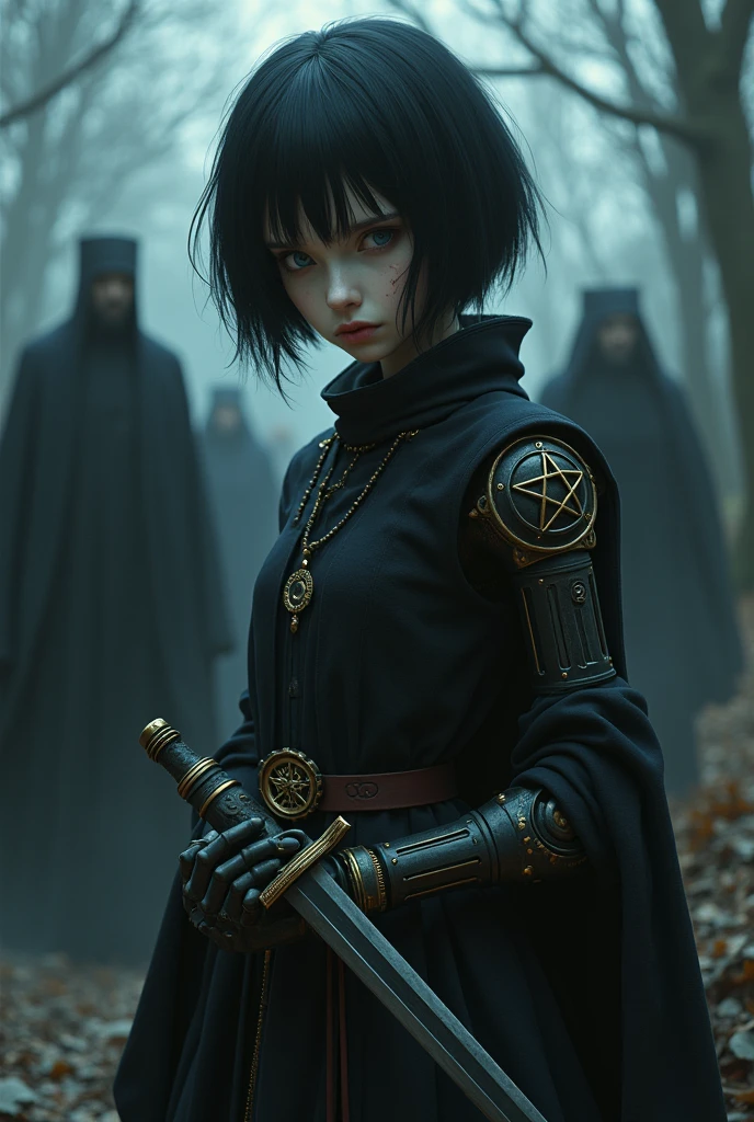 A pale girl with short black hair, from the middle ages 3D, realisitic, arcane style, with light eyes dark alchemist clothes with left robotic arm steampunk with pentagram, cut on the face, with a look of suffering and hate, dagger, the night, with a religious group behind.