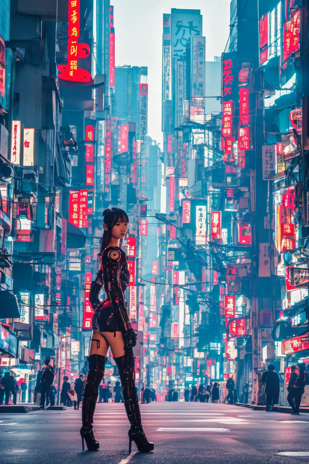 cyberpunk book cover. cybernetic chinese sexy girl wearing red cheonsam in japan future city street