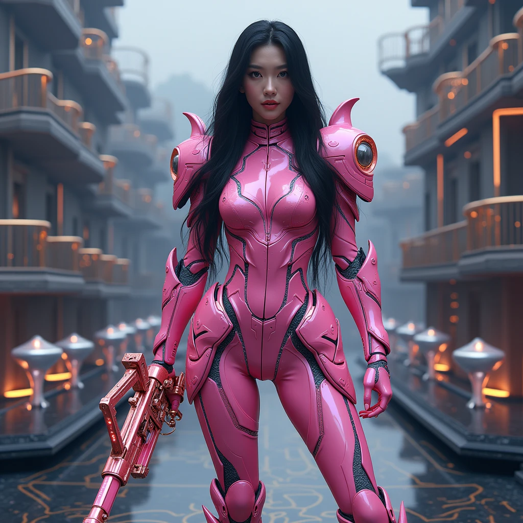 Looking at the camera while smiling.fantasy, mythological, beautiful korean woman with long black hair like a knight character in futuristic pink chrome armor and purple-blue LED neon cyber components, This character has a delicate appearance and intricate surrealism, orange steel metal with glittering bright gold reflective, ferocious design and texture, elegant steel boots, big breast, sexy, seductive, standing on a black ceramic floor with unique motifs, on top of a multi-storey building. holding weapon cybernetics, UHD