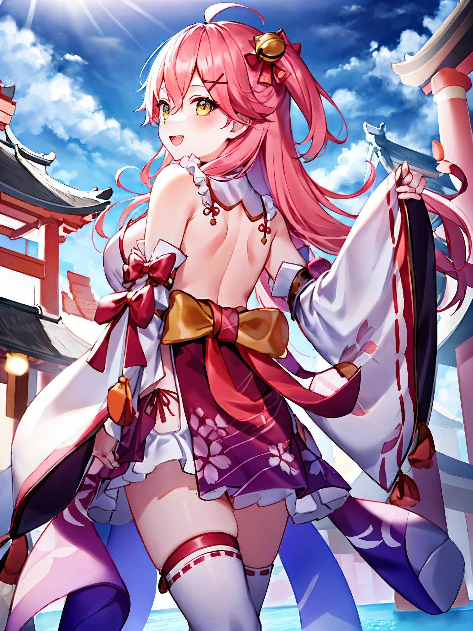 masterpiece, best quality, highres, miko1, sakura_miko, 1girl, big_boobs, solo, ahoge, x_hair_ornament, pink_hair, floral print, hairclip,(side_less_clothes:1.5), (side_boobs:1.5), hair_bell, floral print, long_hair, hair between eyes, one side up, white thighhighs, asymmetrical legwear, wide sleeves, open_mouth,(happy:1.3),gleen_eyes,big_smile,),plump,apart_legs,(overly_long_sleeves:1.3),),sleeves_past_wrists,hands_hidden_sleeves,sidelock_clothes,solo,hidden_wrists,(XD:1.4),covered_nipples,sunlight,cherryblossom_temple_landscape_background,rise_arms